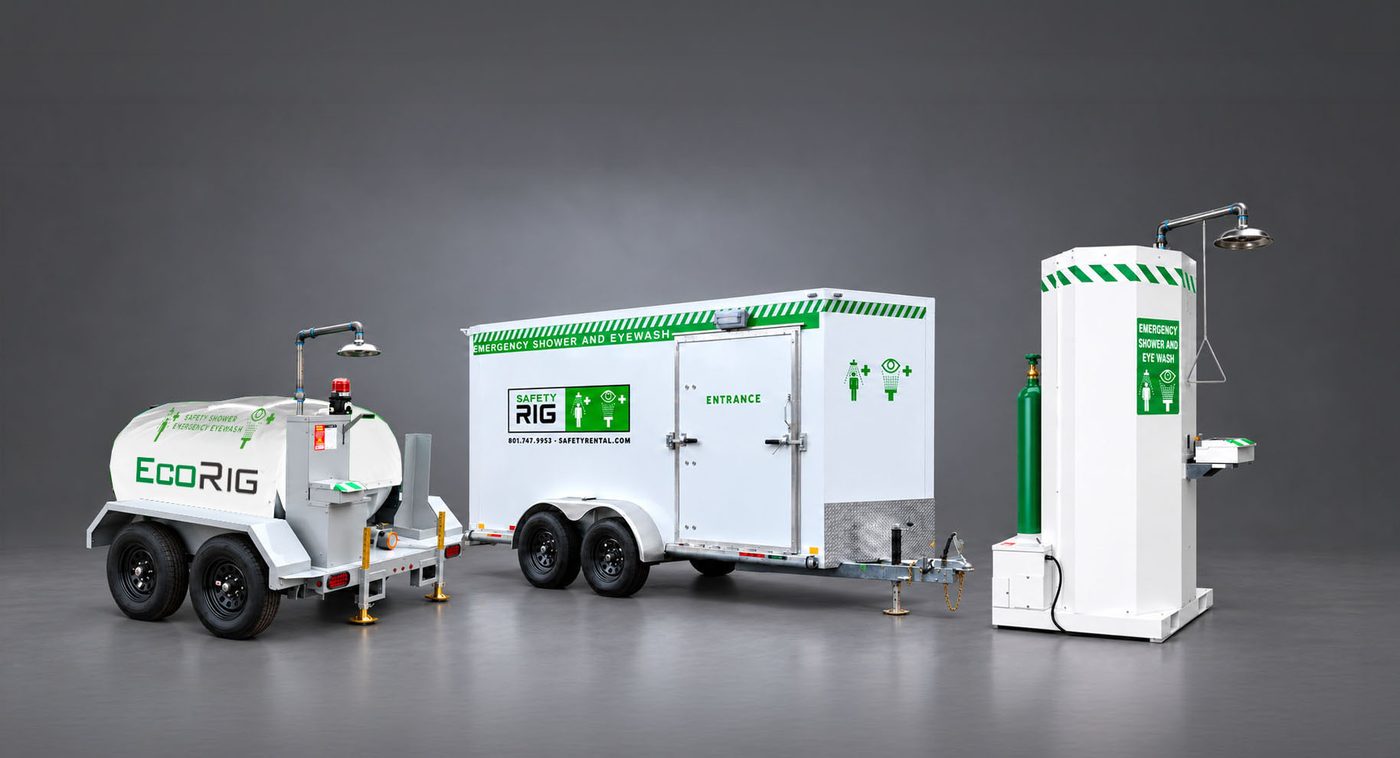 ATS ShieldSafe EcoRig tank trailer, SafetyRig shower trailer, and stationary safety shower and eyewash station